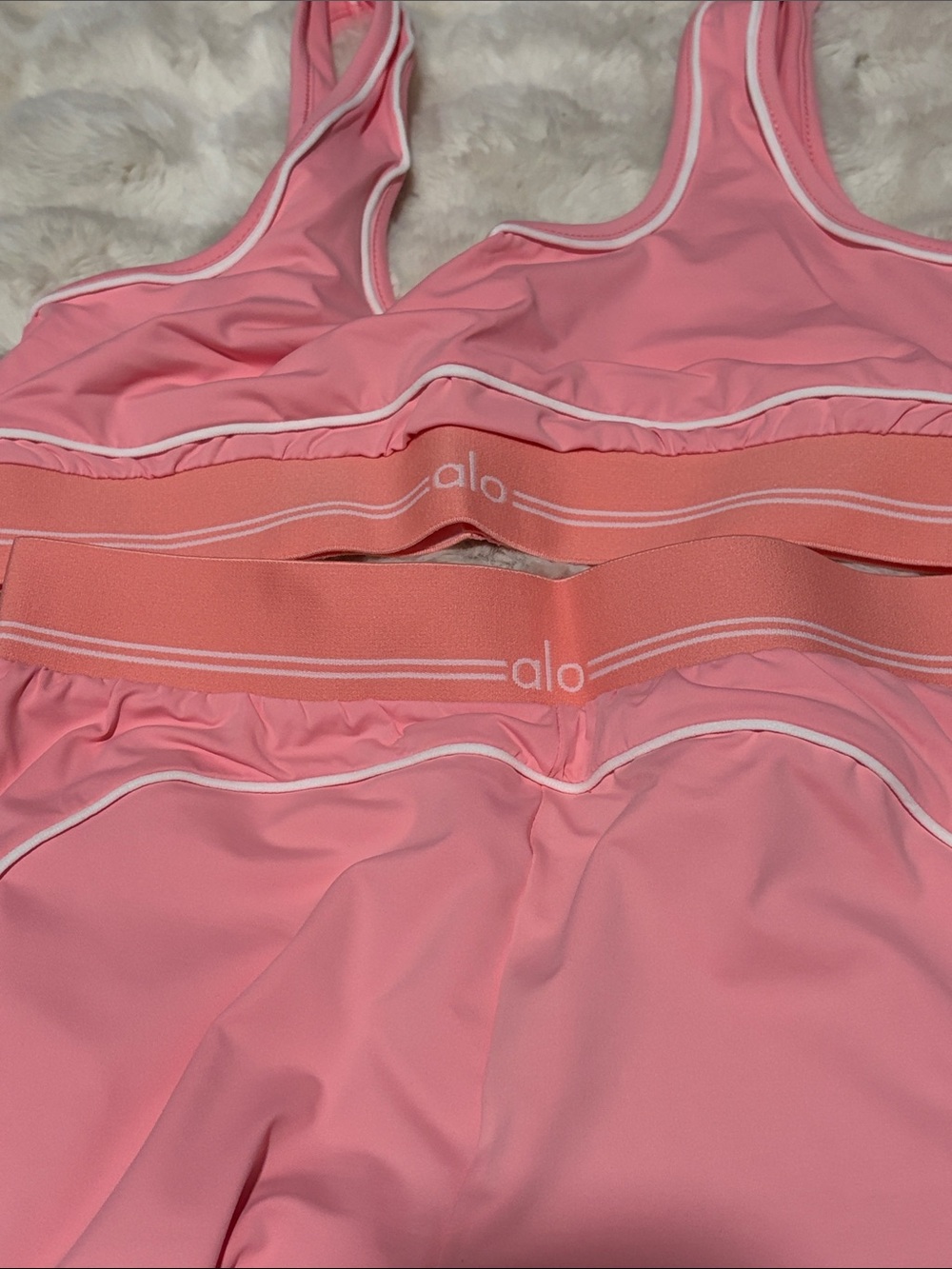 ALO Yoga Pink Sports Bra and Leggings Set with White Trim (3 piece set w/jacket) - Picture 2 of 7